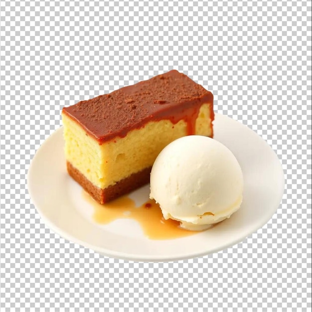 Plate of traditional Cuban dessert with cake and ice cream ball La Havana isolated on the white background