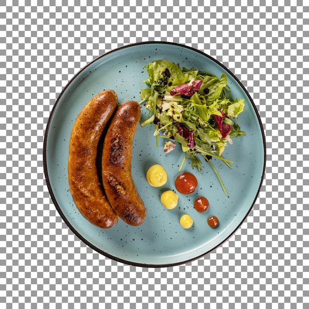 PSD a plate of two sausages with salad on transparent background