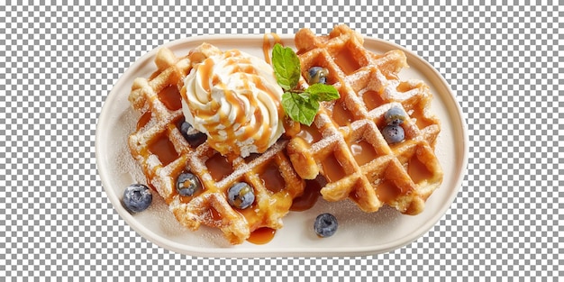 A plate of waffles with blueberries on transparent background