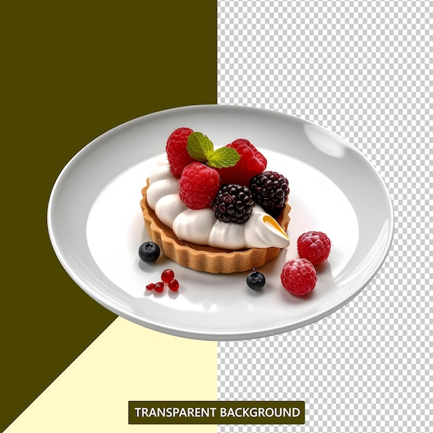 A plate with a cake tart dessert on it that says transparent background