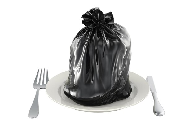 plate with garbage bag eating garbage concept 3d rendering isolated on transparent background