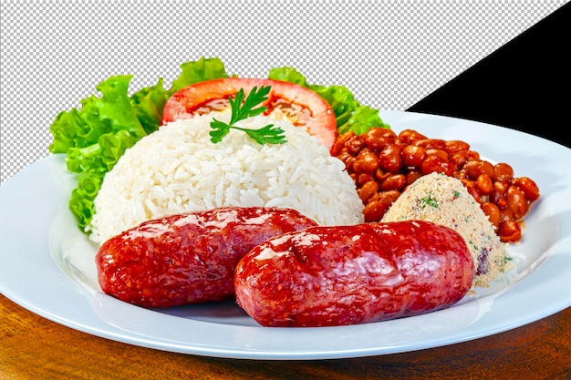 PSD Тарелка с колбасой, салатом из рисовой фасоли и фарофой