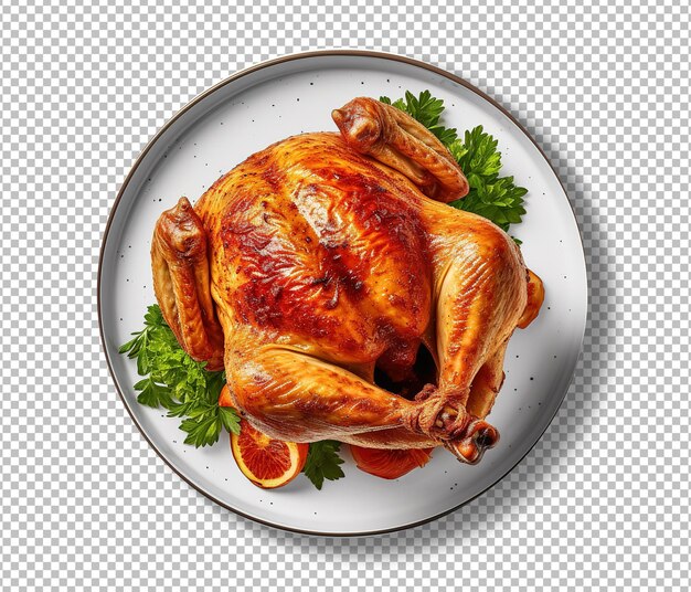 PSD plate with tasty roasted turkey and different dishes for thanksgiving day on white background