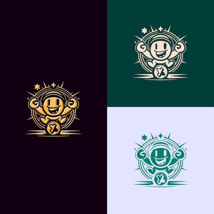 PSD platformer game award logo with a character and a coin for d creative and unique vector designs