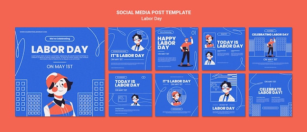 Platte ontwerp arbeidsdag instagram posts sjabloon
