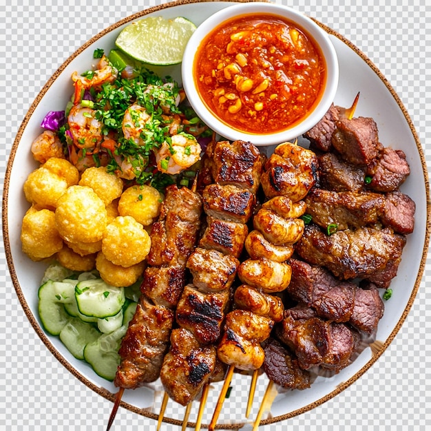 Тарелка с жареными куриными шипами, подаваемыми с красочными соусами на прозрачном фоне
