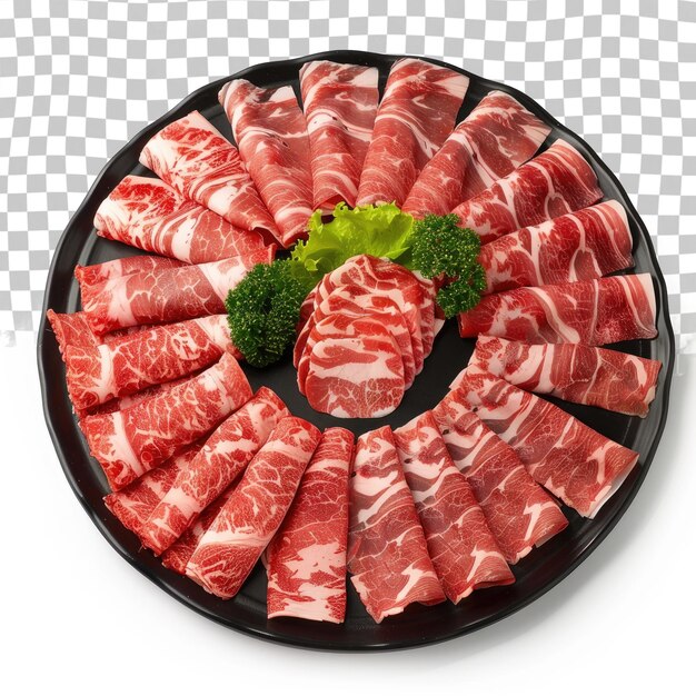 PSD a platter of sliced meat with a piece of broccoli on it