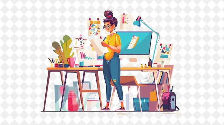 PSD playful animator with characters drawing and animating carto png people in daily work illustration