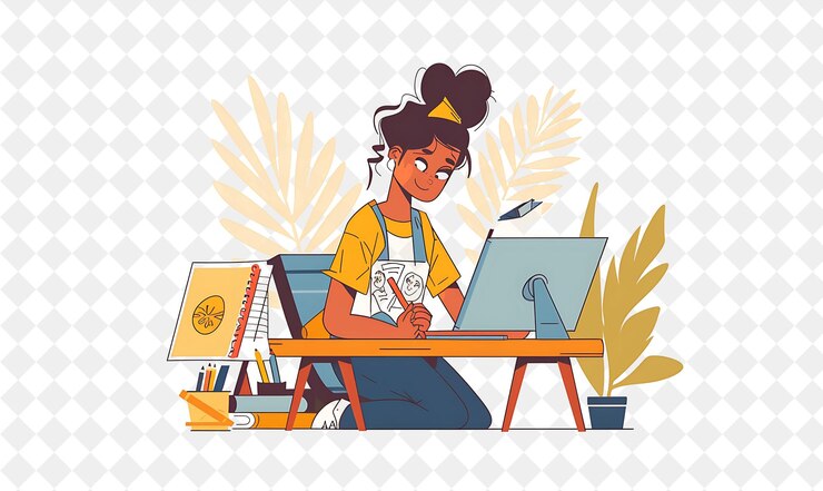 PSD playful animator with characters drawing and animating carto png people in daily work illustration