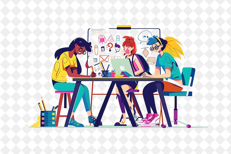 PSD playful animator with characters drawing and animating carto png people in daily work illustration