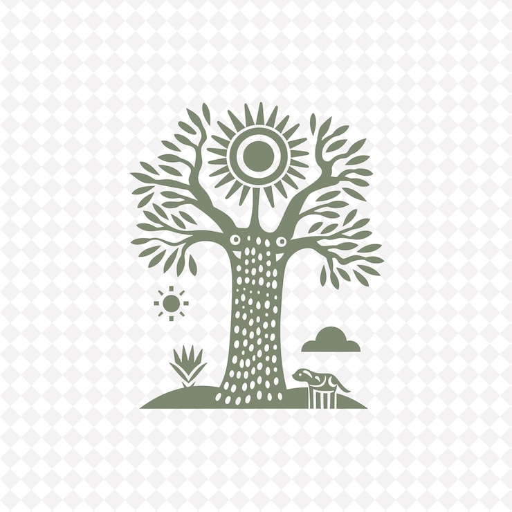 PSD playful baobab tree logo with decorative animal and sun desi creative plant vector designs
