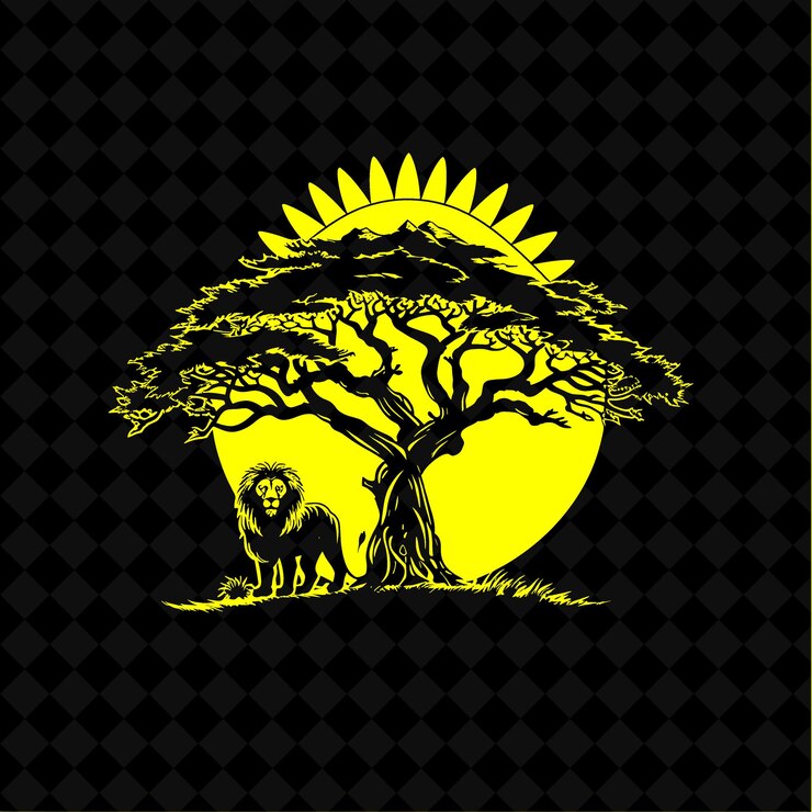 PSD playful baobab tree logo with decorative lion and sun design creative plant vector designs