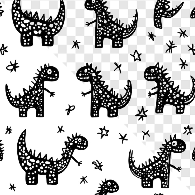 PSD playful black and white dinosaurs starry night whimsical design