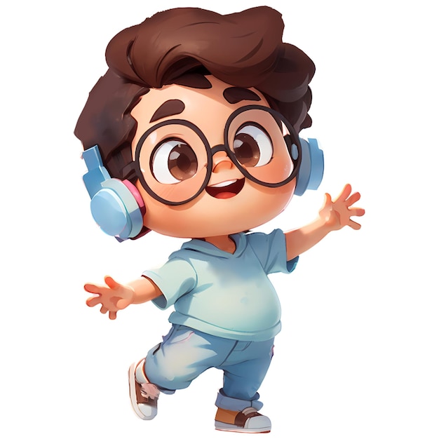 PSD playful cartoon boy with glasses and blue shirt dancing with headphone