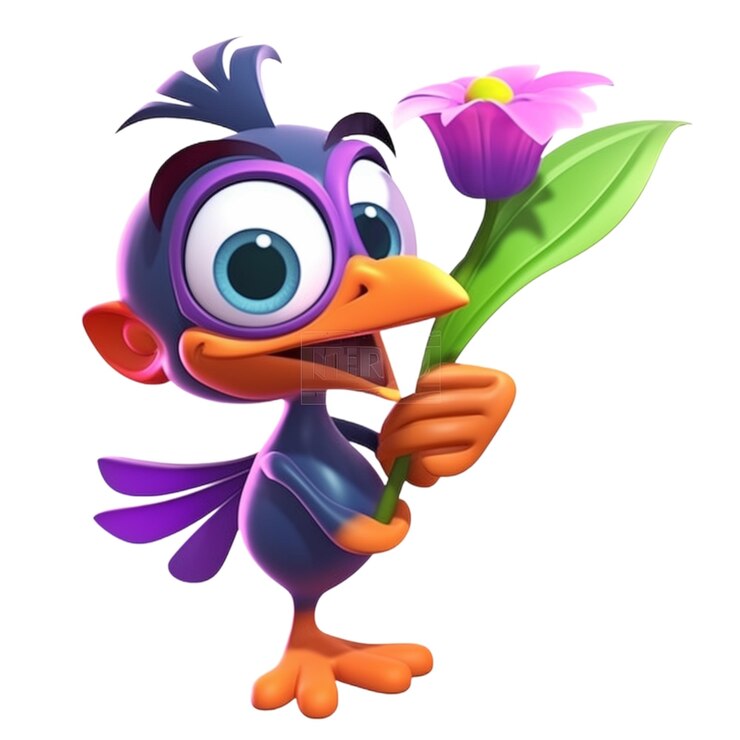 PSD playful cartoonstyle bird holding a purple flower set against a white background a charming
