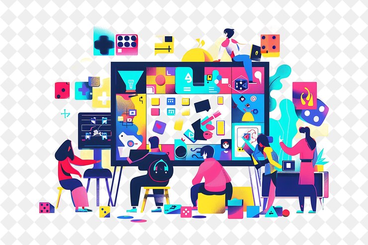 PSD playful game designer with characters designing and creating png people in daily work illustration