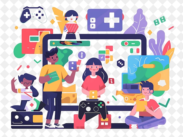 PSD playful game designer with characters designing and playing png people in daily work illustration