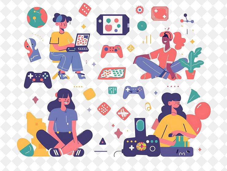 PSD playful game designer with characters designing and playing png people in daily work illustration