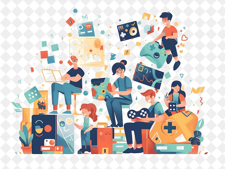 PSD playful game designer with characters designing and playing png people in daily work illustration