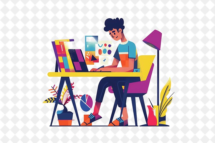 PSD playful graphic designer with characters designing and creat png people in daily work illustration