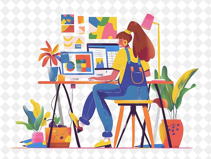 PSD playful graphic designer with characters designing and creat png people in daily work illustration