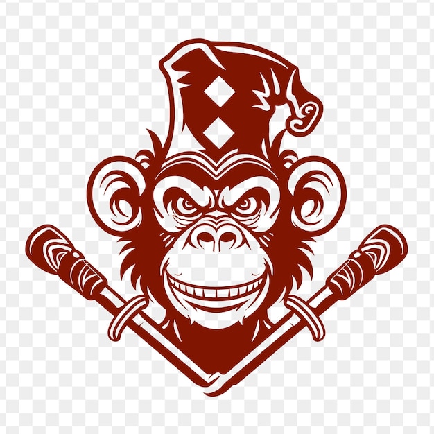 Playful monkey animal mascot logo with jester hat and scepte psd vector tshirt tattoo ink art