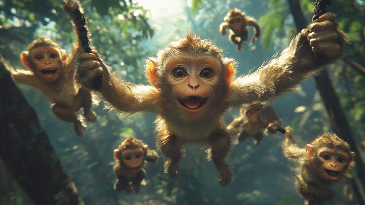 PSD playful monkeys swinging through a lush green jungle canopy captured in a wideangle shot