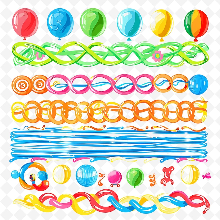 PSD playful noodle embellished with plastic toys and balloons in png natural inspired flat borderline