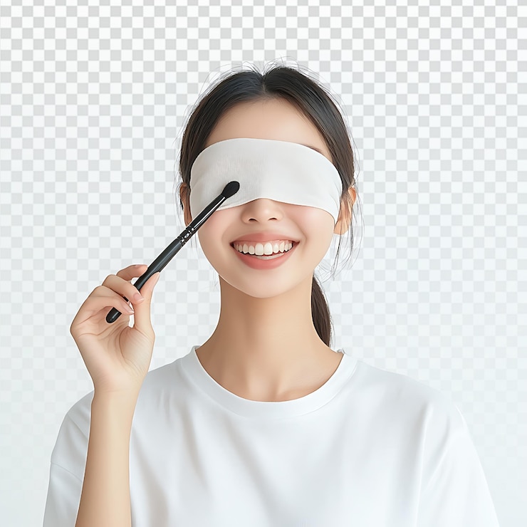 PSD 織物とブラシで目を隠す遊び心のある若い女性
