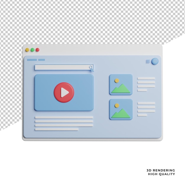 투명 한 배경에서 웹 사이트 전면 보기 아이콘 3d 렌더링 그림에서 미디어 재생