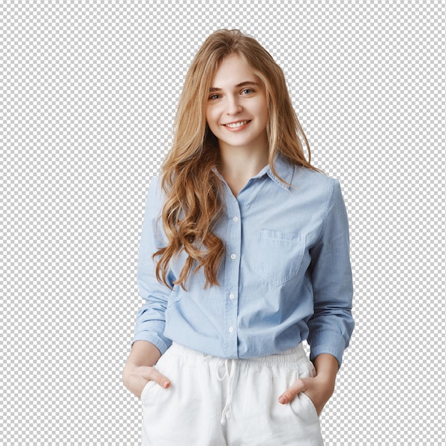 pleased to meet with new team portrait of friendlylooking attractive european female with blond hair in formal blue blouse holding hands in pockets listening to customer while working in office