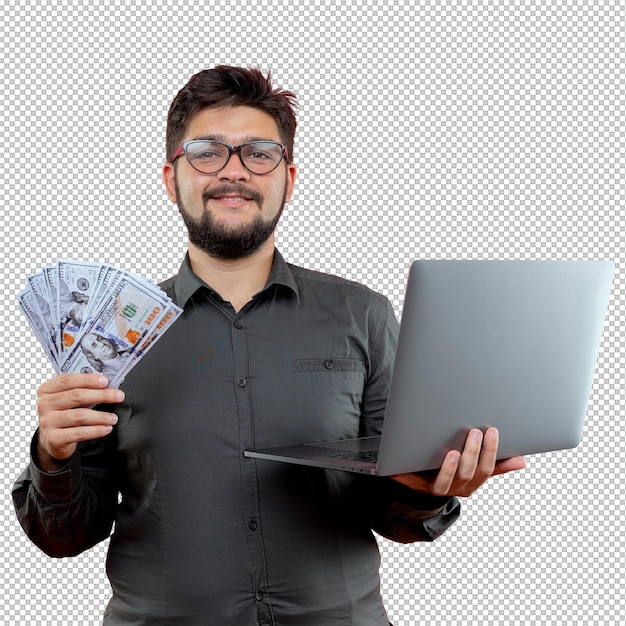 pleased young businessman wearing glasses holding laptop and cash isolated on pink background