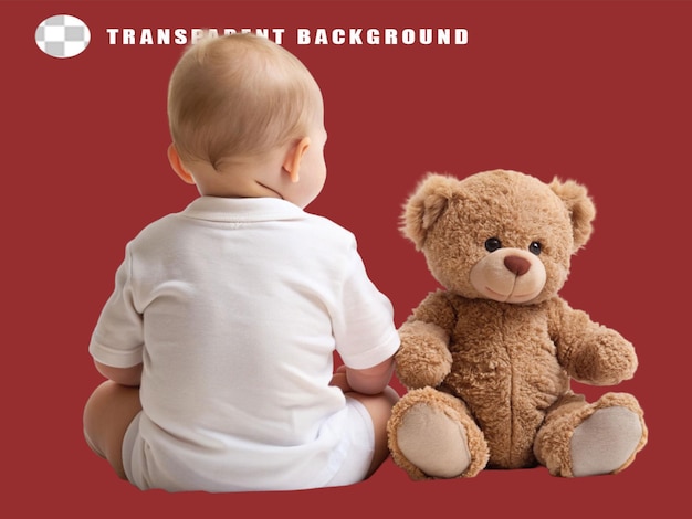PSD plecy dziecka z pluszowym niedźwiedziem na przezroczystym tle