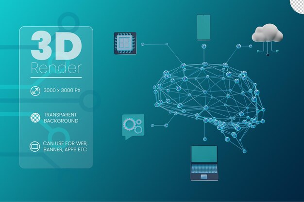 PSD plexus brain processor mobile phone laptop and cloud on artificial intelligence concept