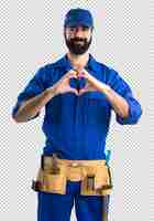 PSD plumber making a heart with his hands