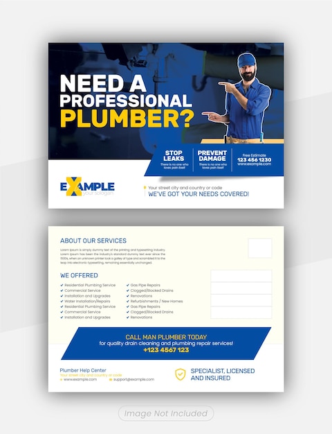 Plumber repairing postcard en direct mail eddm-sjabloon