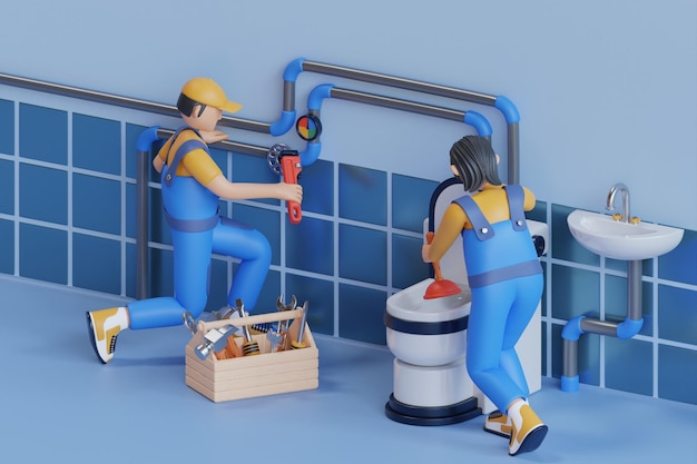 Idraulici che lavorano insieme per riparare un tubo e pulire un'illustrazione 3d della toilette