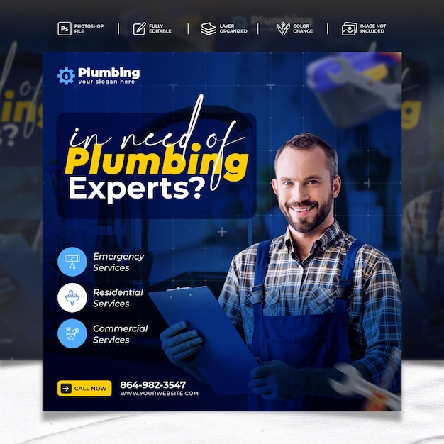 PSD plumbing service sociale media post sjabloon