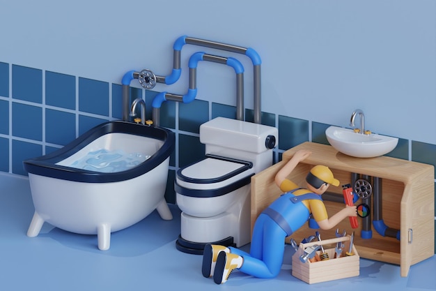 A plumbing technician uses a wrench to fix a water line under the sink