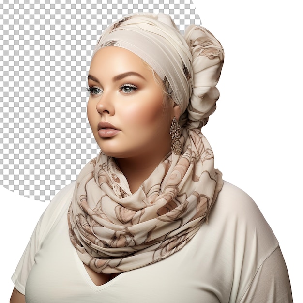 PSD plus size model portrait with scarf on transparent background