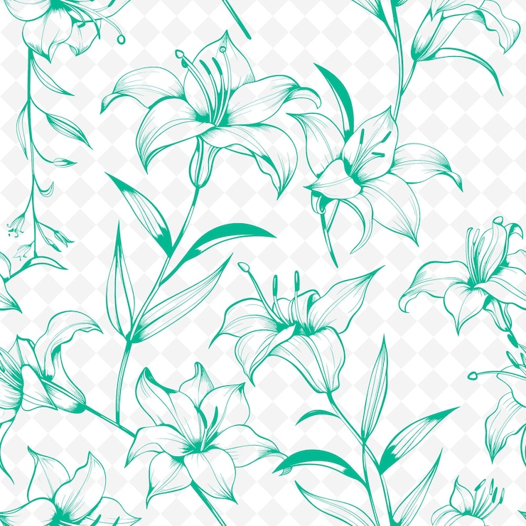 PSD plush floral pattern with kind of lily icon and delicate lin nature inspired abstract outline art