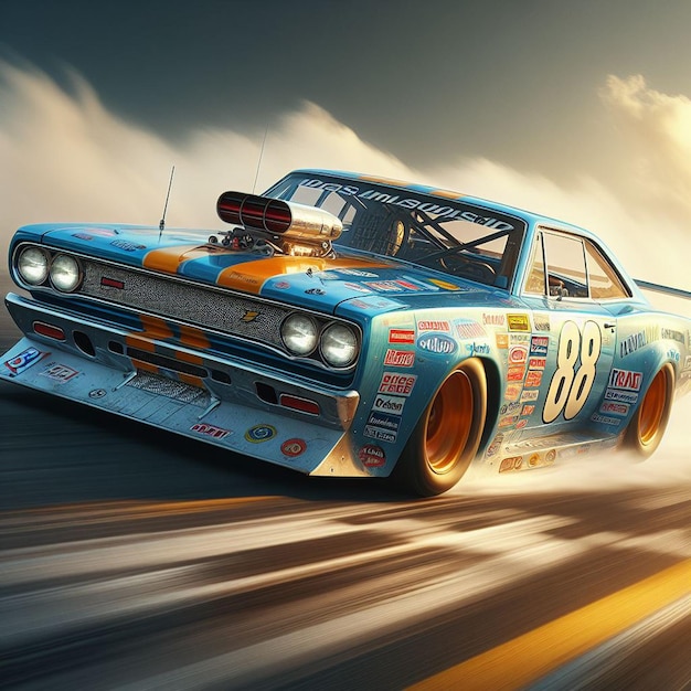 PSD plymouth roadrunner speeding and drifting on race track in the sunset car png