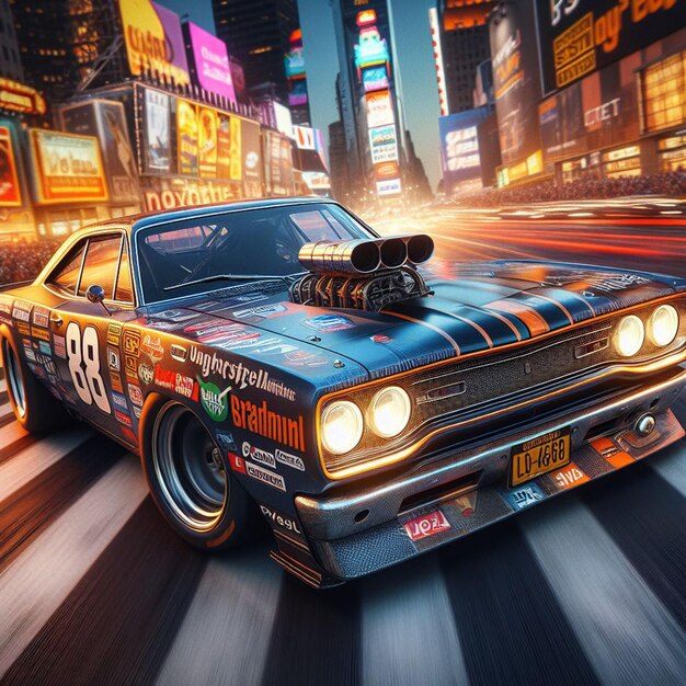 PSD プリーマス・ロードランナー (plymouth roadrunner) は都市の夕暮れの道路でクルーズしている米国の車です