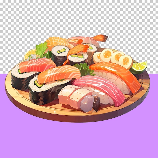 PSD płytka sushi z różnymi rodzajami odizolowanych obiektów na przezroczystym tle