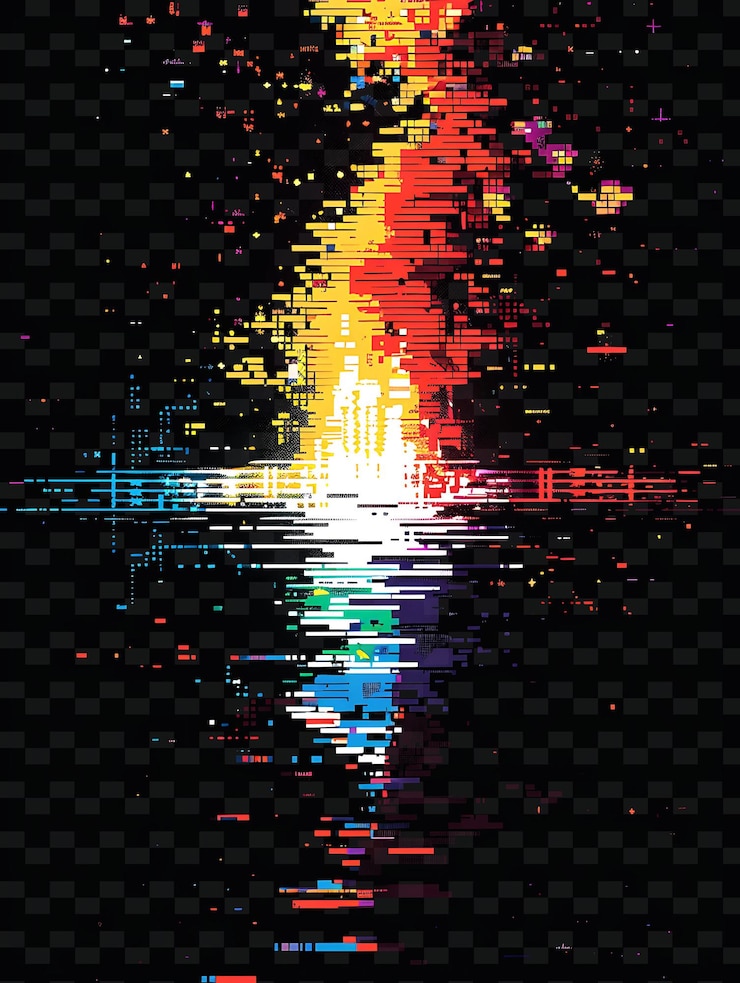 PSD png 8 bit glitch with pixel art and retro game graphics for deco illustration texture background