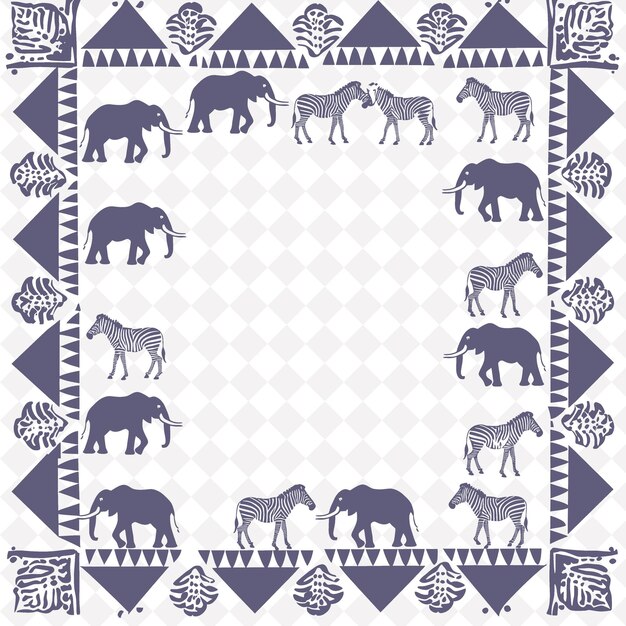 PSD png african safari folk art with elephants and zebras for decora traditional unique frame decorative