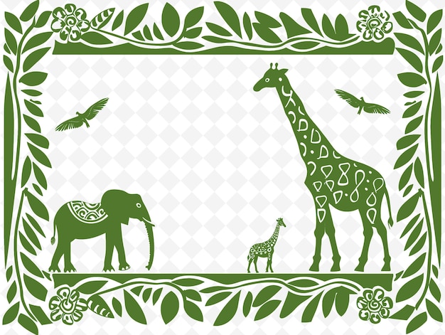 PSD png african safari frame art with elephant and giraffe decoratio illustration frame art decorative