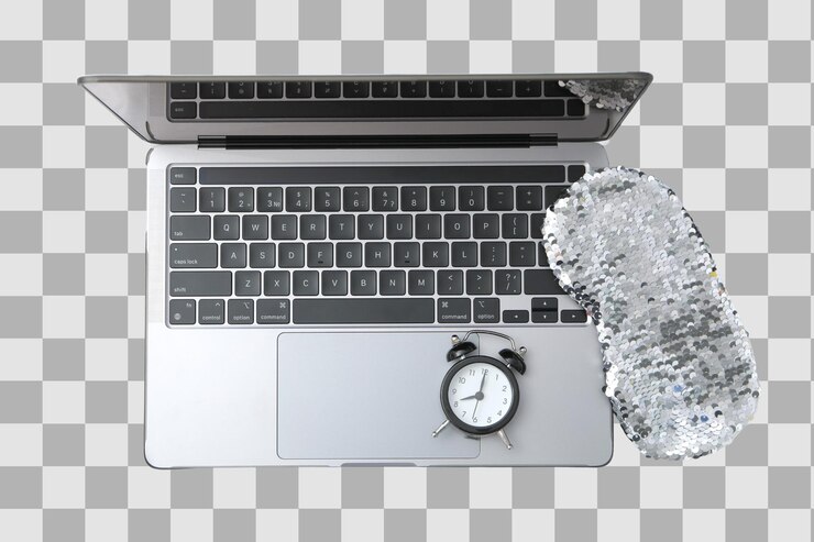 PSD png alarm oclock laptop with sleep mask and alarm clock isolated on white background