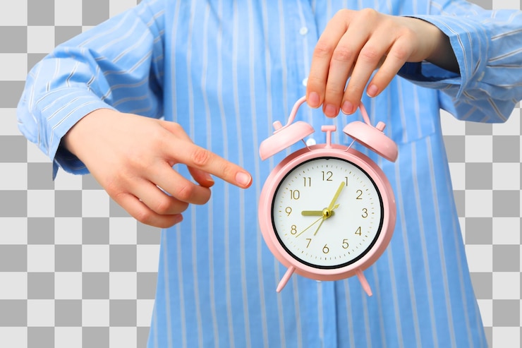 PSD png alarm oclock pink alarm clock in hands isolated on white background