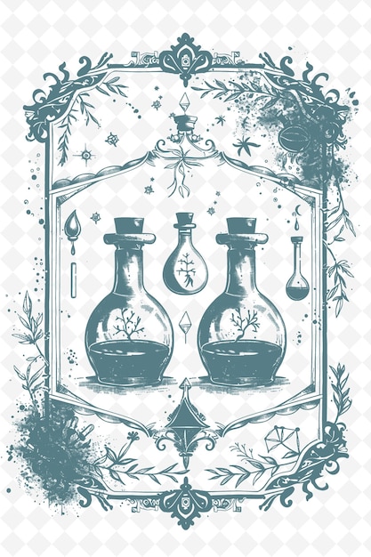 PSD png alchemists laboratory frame art met potion bottles en myst illustration frame art decorative